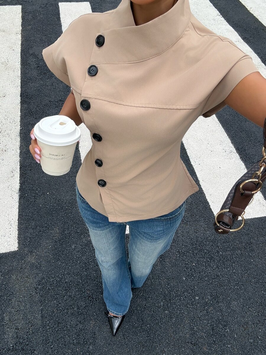 Muchica Women's Fashion Versatile Asymmetrical Button Trench Coat Jacket Street Style - Khaki - View 1