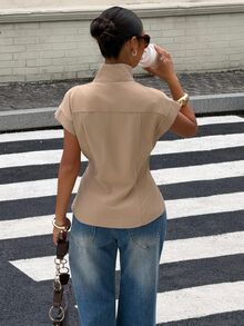 Muchica Women's Fashion Versatile Asymmetrical Button Trench Coat Jacket Street Style - Khaki - View 2