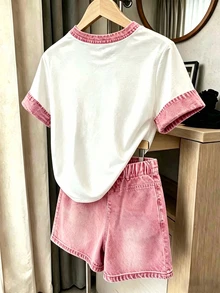 兒童青少年女孩休閒簡約短袖上衣短褲兩件套，適合夏季校園，白色粉色 - 彩色 - 查看 2