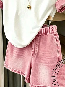 兒童青少年女孩休閒簡約短袖上衣短褲兩件套，適合夏季校園，白色粉色 - 彩色 - 查看 4