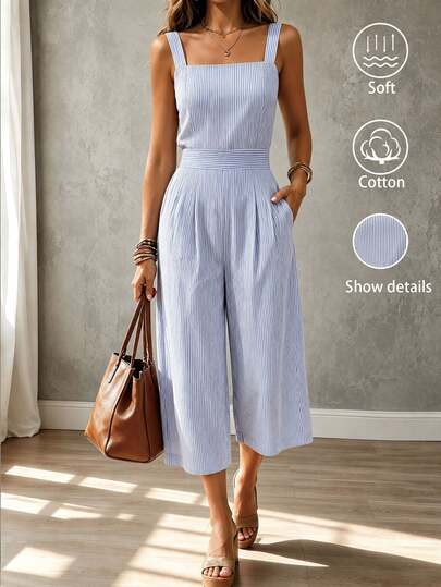 SHEIN Holidaya Macacão Feminino Comprimento Capri Com Bolsos, Decote Quadrado, Férias Casuais, Azul & Branco Férias na Praia, Uso Doméstico, Férias de Verão, Volta às Aulas, Macacão Confortável, Deslocamento de Verão, Macacão com Alça Decote Quadrado