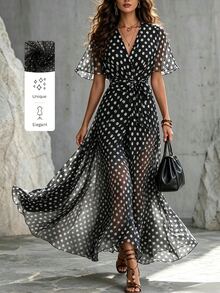 SHEIN 女款優雅復古波點印花長洋裝，黑白波點V領，收腰設計，A字版型，適合海灘度假、早午餐、夏季穿著 - 黑色 - 查看 11