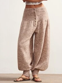 Bohemela Women's Loose Lantern Knit Pants With Button Waist - Khaki - View 5