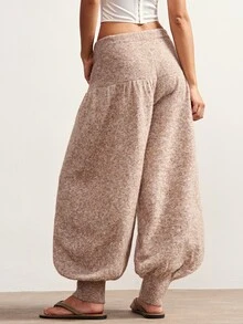 Bohemela Women's Loose Lantern Knit Pants With Button Waist - Khaki - View 7