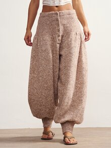 Bohemela Women's Loose Lantern Knit Pants With Button Waist - Khaki - View 3