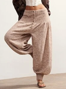 Bohemela Women's Loose Lantern Knit Pants With Button Waist - Khaki - View 10