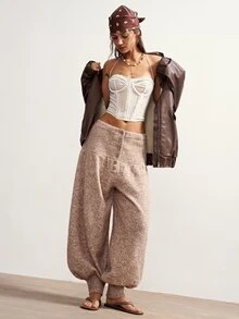 Bohemela Women's Loose Lantern Knit Pants With Button Waist - Khaki - View 1