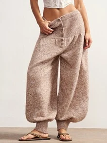 Bohemela Women's Loose Lantern Knit Pants With Button Waist - Khaki - View 6