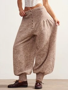 Bohemela Women's Loose Lantern Knit Pants With Button Waist - Khaki - View 8