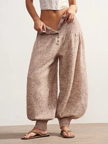 Bohemela Women's Loose Lantern Knit Pants With Button Waist - Khaki - View 9