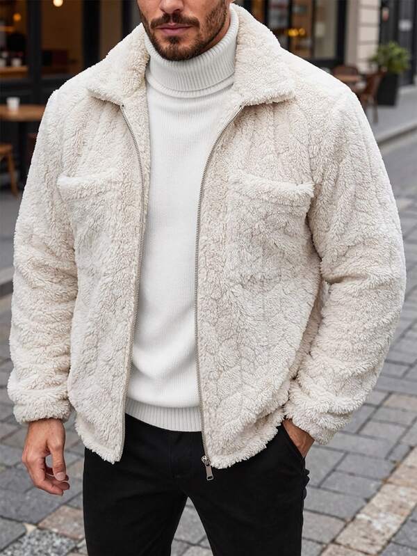 Manfinity CasualCool Men's Solid Colour Zip Pocket Plush Long Sleeve Casual Jacket, Men's Cardigan, Flannel Coat, Winter