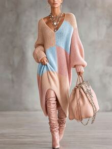 LUMIGAL Women's Minimalist Versatile Colorblock Long Sleeve Knit Dress For Vacation - Multicolor - View 1