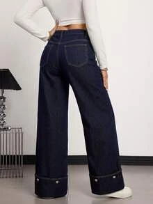 SHEIN Tall Women's Button-Front Pocket Heart Button Decor Denim Jeans - Dark Wash - View 5