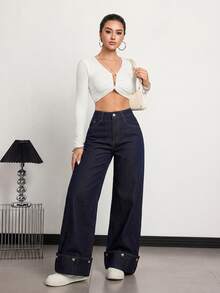 SHEIN Tall Women's Button-Front Pocket Heart Button Decor Denim Jeans - Dark Wash - View 6