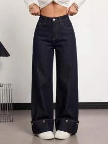 SHEIN Tall Women's Button-Front Pocket Heart Button Decor Denim Jeans - Dark Wash - View 7