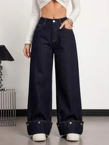 SHEIN Tall Women's Button-Front Pocket Heart Button Decor Denim Jeans - Dark Wash - View 4