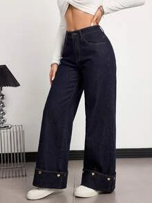 SHEIN Tall Women's Button-Front Pocket Heart Button Decor Denim Jeans - Dark Wash - View 3