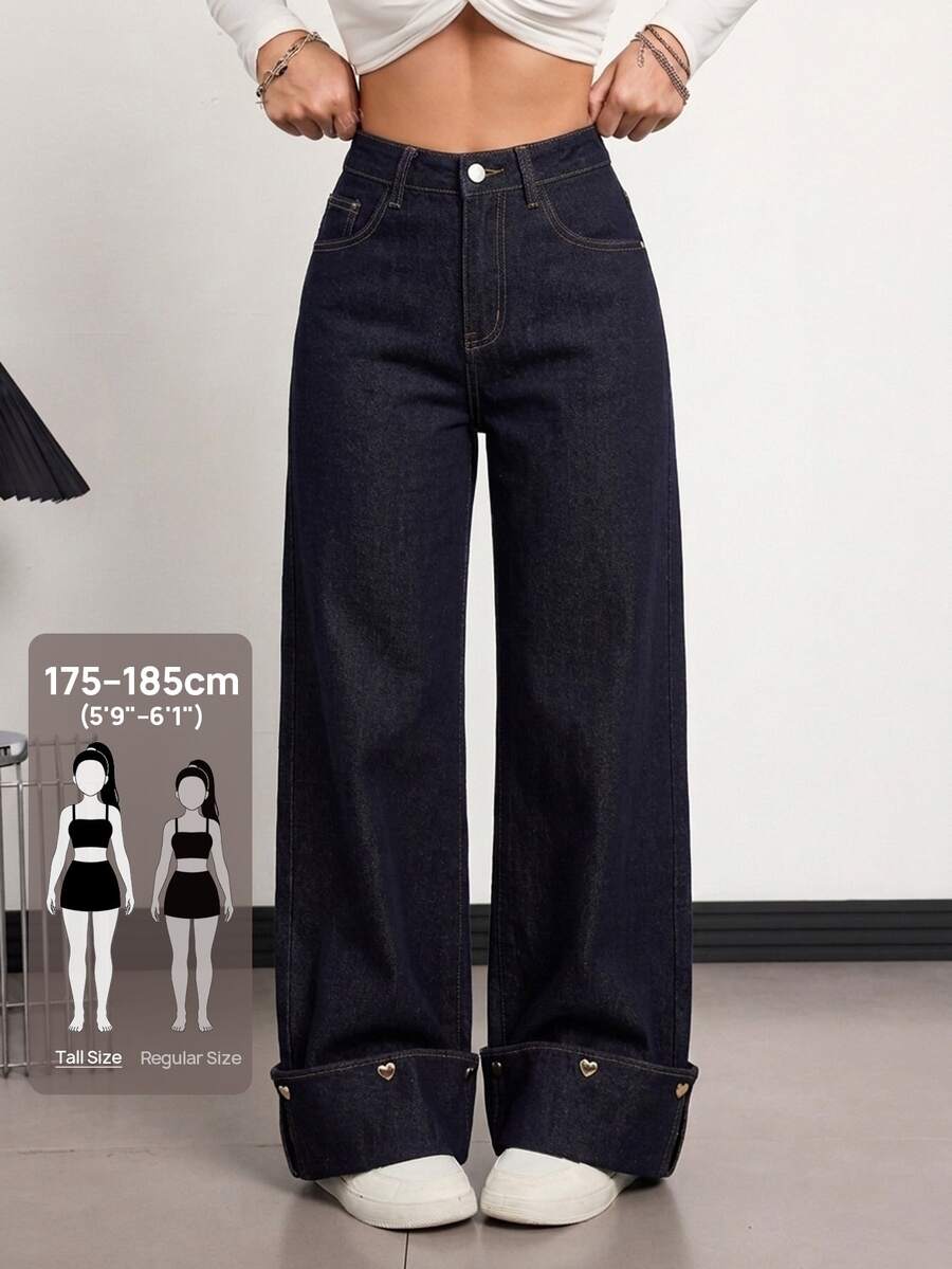 SHEIN Tall Women's Button-Front Pocket Heart Button Decor Denim Jeans