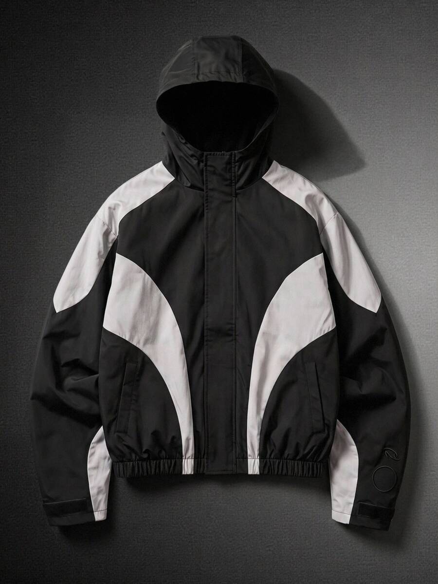GETOML Men's Colorblock Hooded Zip-Up Casual Everyday Long Sleeve Jacket - Black and White - View 1