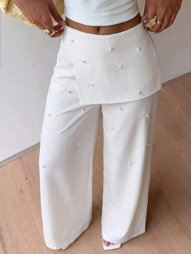SHEIN MOD Women Elegant White Pearl Embellished Wide Leg Pants With Asymmetrical Skirt Overlay Chic Full Length Trousers,White Wide Leg Pants,Autumn Trousers - White - View 1