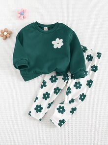 Cozy Pixies 2pcs Baby Girl Floral Print Knit Soft Crew Neck Long Sleeve Sweatshirt And Pants Set - Green - View 4