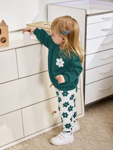 Cozy Pixies 2pcs Baby Girl Floral Print Knit Soft Crew Neck Long Sleeve Sweatshirt And Pants Set - Green - View 3