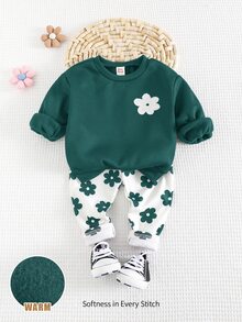Cozy Pixies 2pcs Baby Girl Floral Print Knit Soft Crew Neck Long Sleeve Sweatshirt And Pants Set - Green - View 1