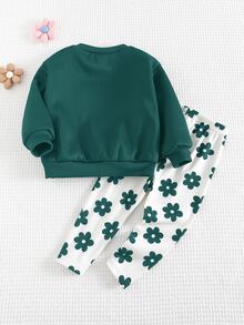 Cozy Pixies 2pcs Baby Girl Floral Print Knit Soft Crew Neck Long Sleeve Sweatshirt And Pants Set - Green - View 5