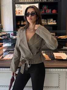 Aloruh 女款秋季時尚格紋風衣外套 辦公室穿搭 棕色 優雅 - 彩色 - 查看 4