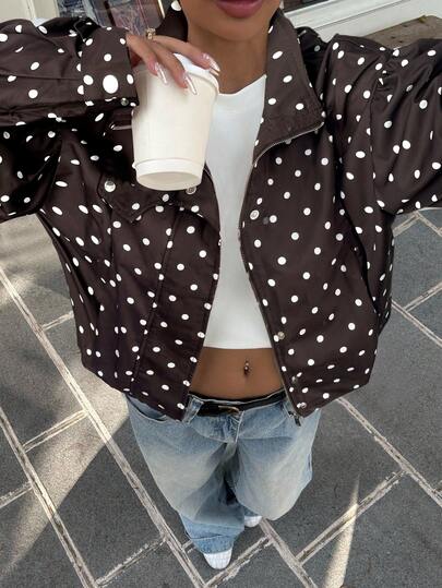 SHEIN EZwear Women's Polka Dot Zip-Up Short Loose Fit Jacket, Fall Winter