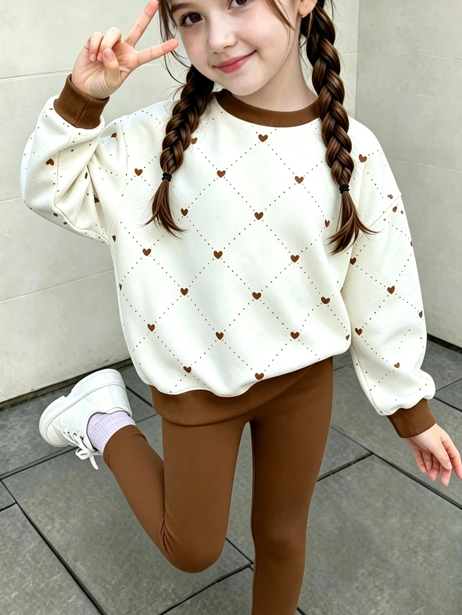 女童秋冬休閒時尚舒適極簡心形與波點印花拼接圓領運動衫與內搭褲2件套 - 彩色 - 查看 1