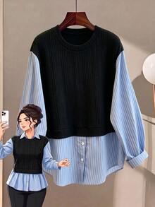 GlowEve CURVE Plus Size Women's Casual Striped Button Patchwork 2 In 1 Sweatshirt Fall - Multicolor - View 7