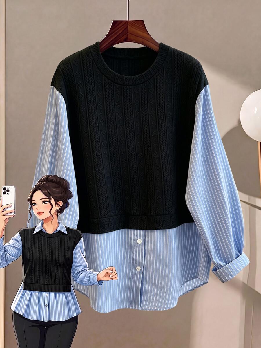 GlowEve CURVE Plus Size Women's Casual Striped Button Patchwork 2 In 1 Sweatshirt Fall - Multicolor - View 1