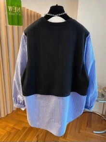 GlowEve CURVE Plus Size Women's Casual Striped Button Patchwork 2 In 1 Sweatshirt Fall - Multicolor - View 2