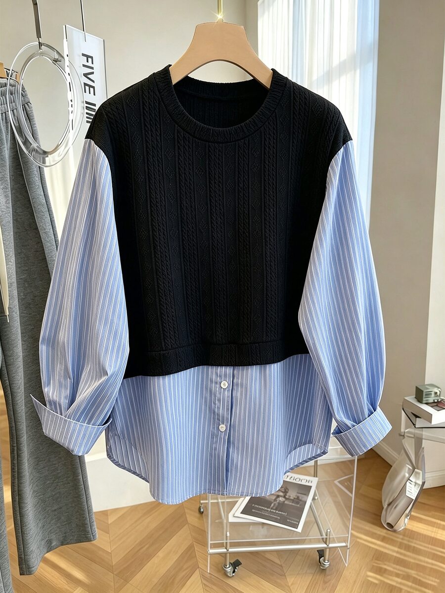GlowEve CURVE Plus Size Women's Casual Striped Button Patchwork 2 In 1 Sweatshirt Fall - Multicolor - View 1