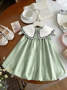 SHEIN 女婴可爱夏季刺绣花卉无袖连衣裙 - 青檸色 - 查看 7