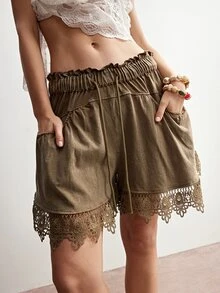 Bohemela Casual Solid Color Knit Contrast Lace Loose Women Shorts - Khaki - View 6