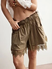 Bohemela Casual Solid Color Knit Contrast Lace Loose Women Shorts - Khaki - View 3