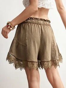 Bohemela Casual Solid Color Knit Contrast Lace Loose Women Shorts - Khaki - View 7