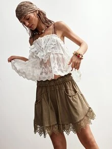Bohemela Casual Solid Color Knit Contrast Lace Loose Women Shorts - Khaki - View 4