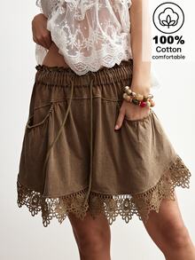 Bohemela Casual Solid Color Knit Contrast Lace Loose Women Shorts - Khaki - View 1