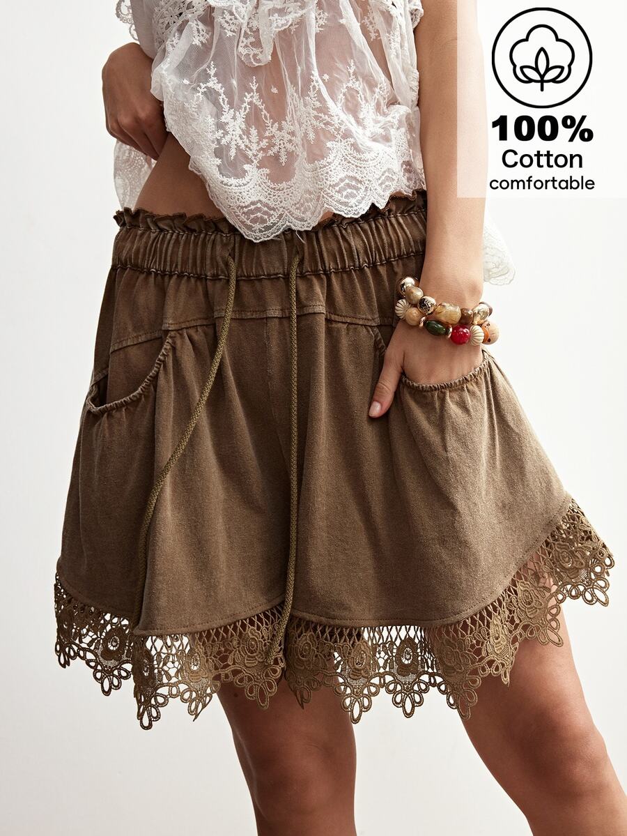 Bohemela Casual Solid Color Knit Contrast Lace Loose Women Shorts - Khaki - View 1