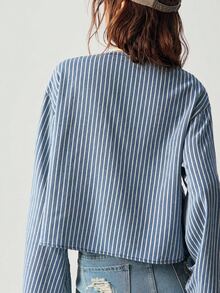 Bohemela 女款極簡波希米亞風熱帶藍白條紋前綁帶長袖襯衫，適合日常穿著、度假、秋季 - 藍色 - 查看 5