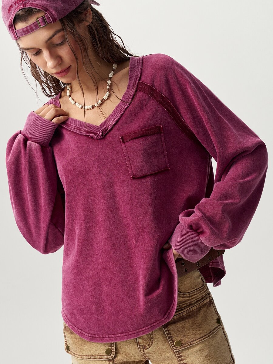 Bohemela Casual Solid Color Knit V-Neck Long Sleeve Loose Fit Women's Sweatshirt - Burgundy - View 1
