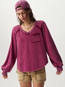 Bohemela Casual Solid Color Knit V-Neck Long Sleeve Loose Fit Women's Sweatshirt - Burgundy - View 5