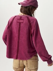 Bohemela Casual Solid Color Knit V-Neck Long Sleeve Loose Fit Women's Sweatshirt - Burgundy - View 2