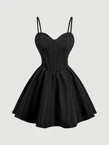 SHEIN MOD 女款純色百褶休閒派對迷你細肩帶洋裝 - 黑色 - 查看 4