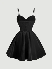 SHEIN MOD 女款純色百褶休閒派對迷你細肩帶洋裝 - 黑色 - 查看 5