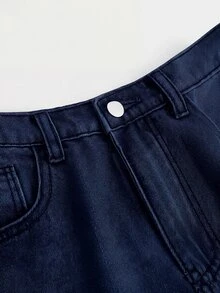 SHEIN Girlism 青少年女孩口袋寬腿鬆垮休閒百搭牛仔褲 - 深色水洗藍 - 查看 3