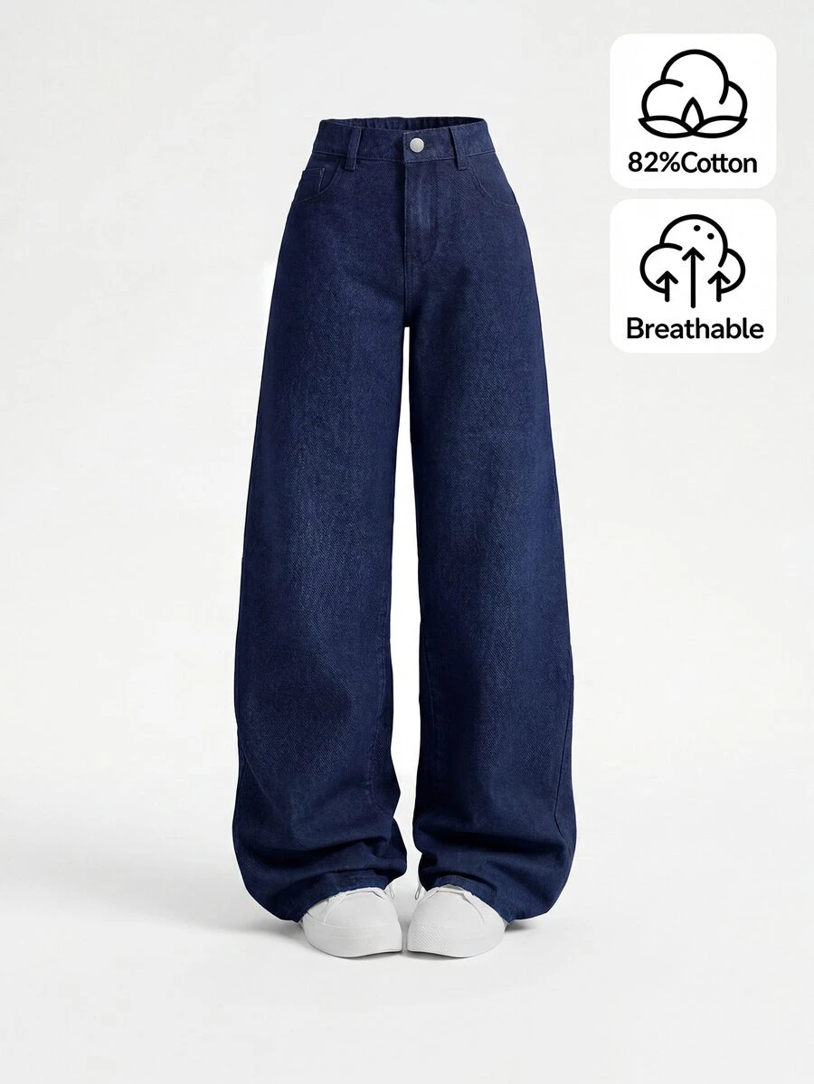 SHEIN Girlism 青少年女孩口袋寬腿鬆垮休閒百搭牛仔褲 - 深色水洗藍 - 查看 1